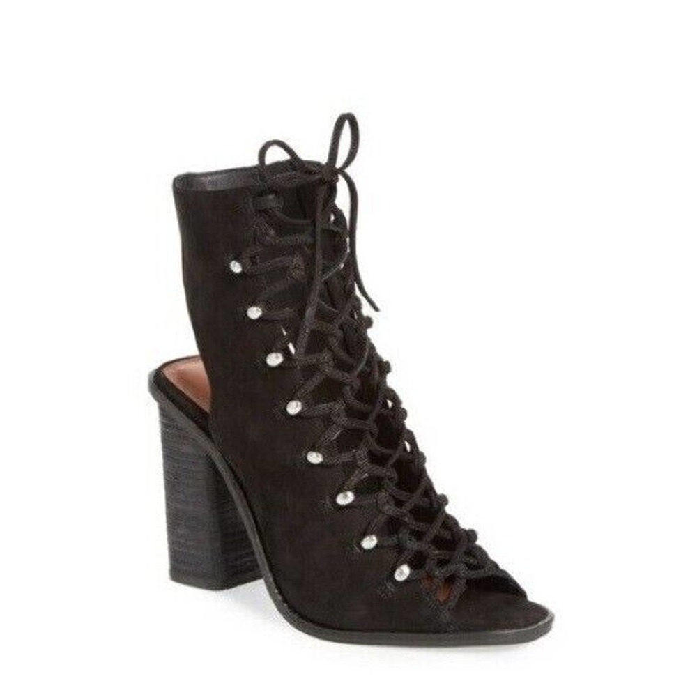 Mercer Edit Str8up Block Heel Sandal Bootie Black Suede Open Toe Corset …